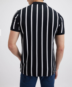 Polo pour homme 100% coton à manches courtes, coupe ajustée, rayures verticales noires et blanches, broderie technique, tissu tricoté respirant - Product Image 2