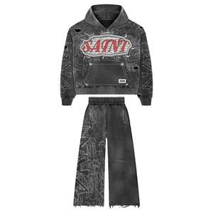 Ensemble de survêtement d'hiver unisexe grande taille avec capuche, tissu respirant, pantalon personnalisé avec strass, streetwear graphique de luxe - Product Image 1