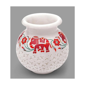Best Selling Design de Luxo Inlay Trabalho Matka Home Decor Mármore Branco Sólido Pedra Vermelha Natural Flower Pot Vaso para Casamento Baixo