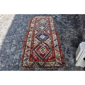 Tapis Turc Vintage Ethnique 3.3 X 9.8ft Rouge Bleu Patchwork Design Classique Grande Surface Laine pour Couloir Rectangle Latex - Product Image 1