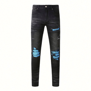 Venta al por mayor logotipo personalizado hombres Denim lágrimas pantalones desgastados estiramiento cintura alta Color sólido Skinny Jeans Denim hombres lápiz Pantalones - Product Image 2