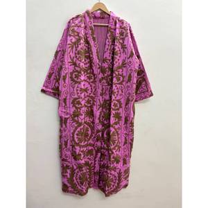 Chaqueta Larga de Algodón de Secado Rápido, Ecológica, con Bordado Floral Suzani, para Mujer, Estilo Boho, Color Rosa Orquídea, Marrón Umber - Product Image 4