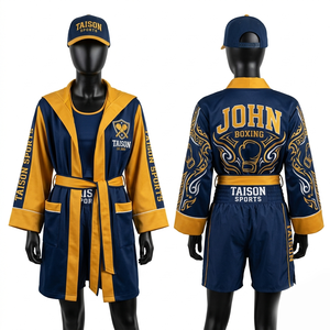 Premium 220 GSM Polyester Satin Boxing Rob Navy Gold Contrast Panel Hooded Custom Embroidery Logo - Product Image 1