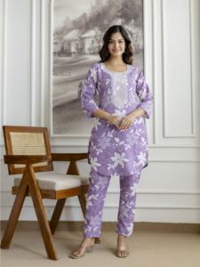 Trendmalls Femme Coton Slub Magic Imprimé Kurta Pantalon Broderie Cou Travail Kurta Ensemble (E65-LightPurple) - Product Image 3