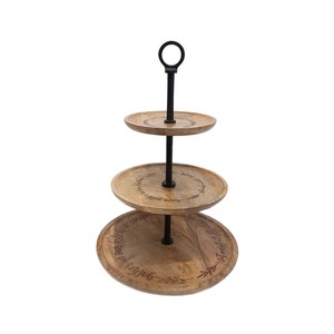 Finitions naturelles élégantes Design fantaisie rond en métal support à gâteau en bois présentoir de fête d'anniversaire de mariage en gros en vrac - Product Image 6
