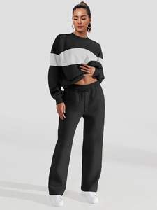 ชุดวอร์ม2ชิ้นสำหรับผู้หญิงชุดวิ่งออกกำลังกายแบบมีซิปและกางเกงวิ่งขากว้างลายสีตัดกันชุดวอร์มสำหรับเดินทาง - Product Image 2