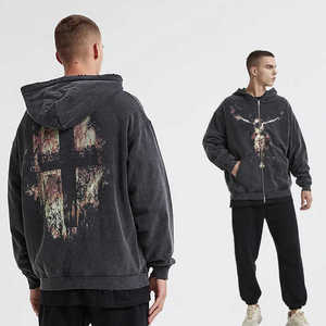 Sudaderas con capucha desgastadas lavadas con ácido de lana suave para hombre con suéter/cremallera Tipo de patrón sólido de invierno Estampado Bajo MOQ Suministro al por mayor - Product Image 2