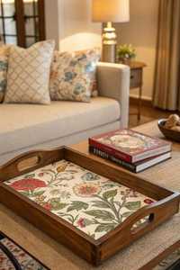 Plateau de service rectangulaire en bois fait main de luxe avec motif cactus rose et carreaux jaunes, plateau décoratif pour la table de la maison - Product Image 6