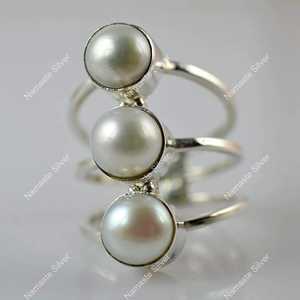 925 Sterling <b>Silver</b> Freshwater Triple Pearl <b>Ring</b> Handmade Boho June Birthstone Promise <b>Statement</b> Jewelry Unique Pearl <b>Ring</b> - Product Image 3