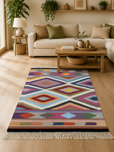 Alfombra Kilim de Algodón Tejida a Mano, Gruesa, Moderna, Multicolor, con Diseño de Diamantes y Flecos, para Dormitorio o Sala de Estar - Product Image 2