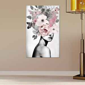 Portrait de femme florale : Impression sur toile Art Nouveau rose, style surréaliste, verre - Product Image 1