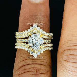 แหวนแต่งงานทองคำแท้ 14K ประดับเพชรแท้ทรงบริลเลียนต์ ตัวเรือนแบบคริสเตียน หรูหรา พร้อมแหวนคู่สำหรับแหวนหมั้นแบบโซลิแตร์ - Product Image 1