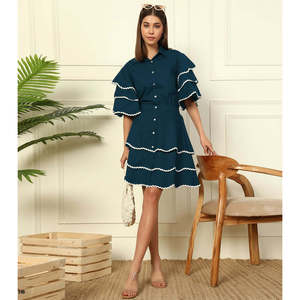 Deebaco Women's Solid Teal Cotton Shirt Dress <b>Skirt</b> <b>Co</b>-Ord Set Ruffled Sleeves Turn-down Collar Knee Length Casual Summer Wear - Product Image 1