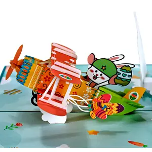 3D Holiday Greeting Popup Card with Rabbit and Colored egg on Air Plane to Happy Easter Day 3D Popup card for 2023