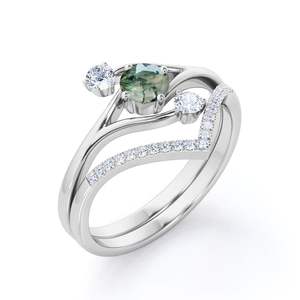 Anillo de Boda Clásico de Plata 925 con Tres Piedras, 0.7 Quilates, Ágata Musgosa, Moissanita, Chapado en Oro, Engaste de Garras, Anillo para Fiesta de Bodas - Product Image 1