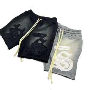 Gran oferta de verano, pantalones cortos bordados con gráfico de lavado ácido para hombre, pantalones cortos de algodón con cordón holgado, cintura elástica, tejido alto, teñido liso - Product Image 6