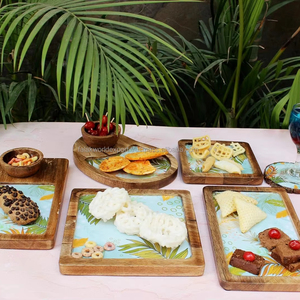 Venta al por mayor de platos redondos de madera con patrón floral elegante impreso mejor precio bandeja de servicio para encimera y Catering por FWE - Product Image 3