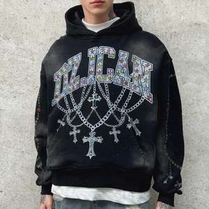 Sweat à capuche zippé en molleton de coton de haute qualité, coupe classique, avec impression graphique personnalisée en strass, style streetwear, pour homme, hiver, couleur unie - Product Image 3