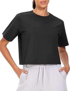 Women's <b>Black</b> Solid Pattern Athletic Running <b>Crop</b> <b>Top</b> Summer Casual Yoga <b>Short</b> <b>Sleeve</b> Crew Neck Tee with Front Logo - Product Image 2