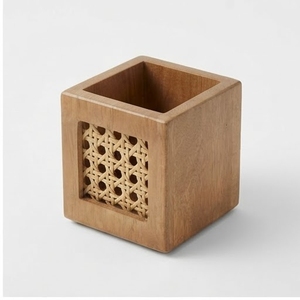 Boîte de rangement carrée en bois de manguier avec incrustation en rotin, design minimaliste, organisateur de table, petite capacité, écologique, léger - Product Image 4