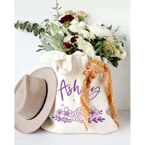 Personalized Name Purple Floral Cotton Canvas Tote Bag Embroidery Letter Decoration Polyester Lining Fashionable Open for All - Product Image 5