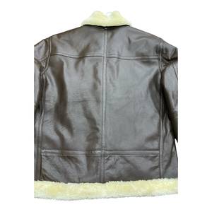 Brown Genuine Leather Plain Windproof Logo Men's Zip-Up Bomber <b>Jacket</b> <b>with</b> Polyester <b>Lining</b> Winter Casual Outerwear - Product Image 4