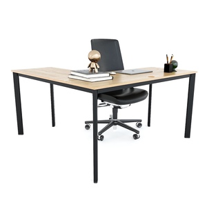 HBOV040 L-Shaped 140x140cm Plywood Wood Computer <b>Table</b> with Oval Iron <b>Legs</b> <b>Foldable</b> Design for Home or Hotel Office Use - Product Image 4