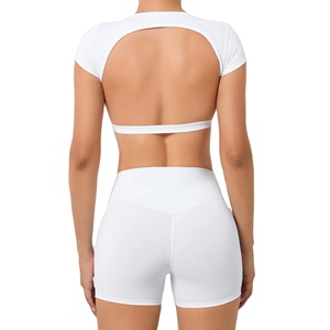 2025 nouveautés vêtements de sport pour femmes personnalisés Sexy dos nu Yoga Shorts avec bouton décoration motif solide au-dessus de la longueur du genou - Product Image 6