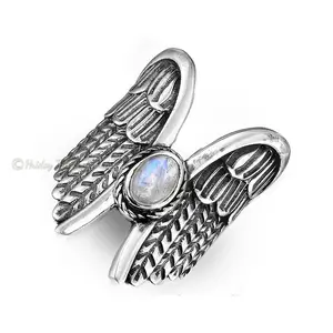 Fashion Oval Shaped Natural Moonstone Gemstone 925 Sterling Silver Angle Wing Style Top Quality Ring Accessory For Women