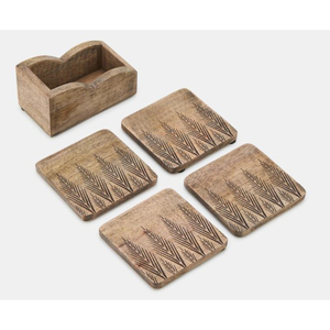Juego de 4 Posavasos de Madera Hechos a Mano, Posavasos Cuadrados de Madera de Mango con Soporte, Patrón de Hojas Grabado con Láser, Protección para Mesa - Product Image 1
