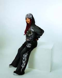 Chándales de serigrafía para hombre desgastados personalizados Chándales acampanados apilados con cremallera completa Conjuntos de joggers y Sudadera con capucha lavados con ácido unisex - Product Image 3