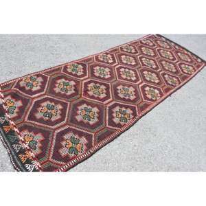Vintage Turkish <b>Runner</b> Rug 3.5x10.6 ft, <b>Red</b> Green Patchwork Rug - Product Image 2