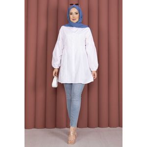 Camisa Túnica Informal Blanca de Popelina con Cuello con Volantes y Detalle de Cintura Fruncida, Corte Holgado para Mujer, Tallas XS-XL, para Primavera y Otoño - Product Image 3