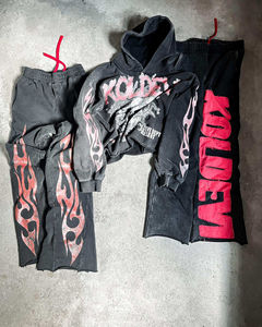 Pantalones de chándal informales de algodón y forro polar para hombre, lavado ácido personalizado, llamarada, decoración de encaje desteñido al sol, cintura elástica apilada para dobladillo crudo, corte Edg - Product Image 2