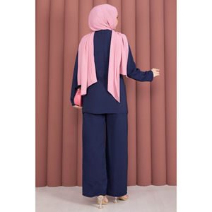 Navy Blue <b>Linen</b> Tunic and Pants Two-Piece Set with Waist Belt Accessory Detail Large Size for Summer and Autumn Outfits - Product Image 5