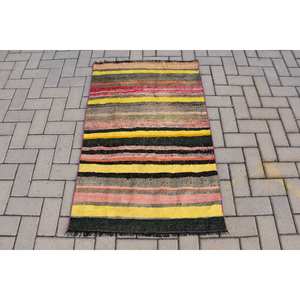 พรมขนสัตว์ตุรกีลายทางสีเหลืองขนาด2.6x4ฟุตแบบสี่เหลี่ยมผืนผ้าดีไซน์การเย็บปะติดปะต่อกันสำหรับห้องนั่งเล่นห้องโถงทางเดินลาเท็กซ์ - Product Image 1