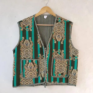 Chaqueta acolchada Bohemia Vintage para mujer, abrigo de invierno de algodón con frente abierto, chaleco a rayas con ribetes, patrón de animales, nuevo estilo, tejido informal - Product Image 1