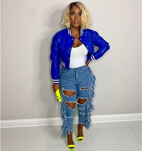 Haute Qualité Femmes Crop Letterman Vestes Manches Longues Manteaux Patchwork Bomber Baseball Veste pour Femmes Taux De Gros OEM - Product Image 4