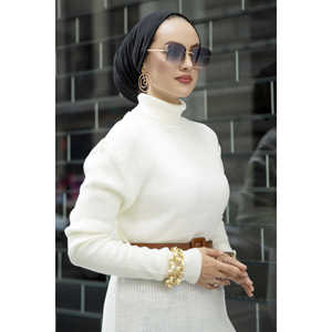 Vestido Hijab Ajustado de Cuello Alto Tejido a Crochet, Estilo Sencillo y Modesto en Color Crudo, Hecho de Lana de Cachemira para Damas de Oficina, Vestido Casual de Invierno - Product Image 2