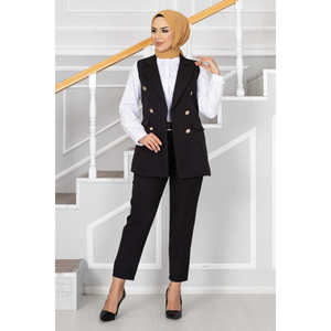 Conjunto de chaleco hijab con detalle de cuello tipo pañuelo estilo oficinista, color negro - Product Image 4