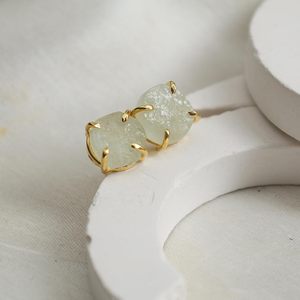 Handmade 8-10mm Rough <b>Aquamarine</b> <b>Stud</b> <b>Earrings</b> Prong Set Gold Plating Classic Style Raw Birthstone Gemstone Jewelry for Gifts - Product Image 4
