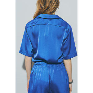 Chemise en satin bleu à manches courtes, coupe ample, style décontracté, décoration boutonnée, tissu en soie tissée, tricoté, pour le printemps/été, l'automne, taille XL - Product Image 5