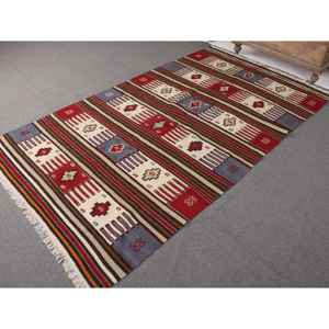 Tapis turc vintage 4,9x7,5 pieds, tapis en laine rouge et bleu à motifs floraux - Product Image 2