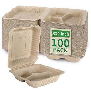 100 Pack 3 Compartment Square Bagasse Compostable 8x9 Inch Takeout Lunch <b>Box</b> Containers Lid PFAS-Free Brown Eco-Friendly - Product Image 1