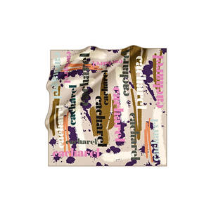 Beige <b>Silk</b> Square <b>Scarf</b> with Designer Print and Embroidered Details - Product Image 1