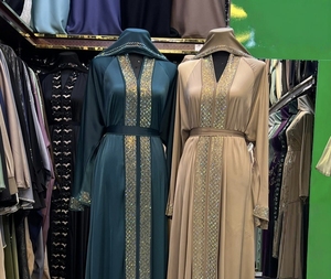 Wholesale Modest Dubai Beaded <b>Sequined</b> Long Sleeve Abaya Muslim Traditional Handmade Wedding Women Polyester Breathable V Neck - Product Image 2