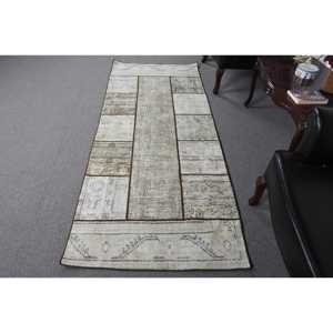 Alfombra Turca Vintage de 3.1x7.5 pies, Alfombra de Lana con Rayas Grises - Product Image 1