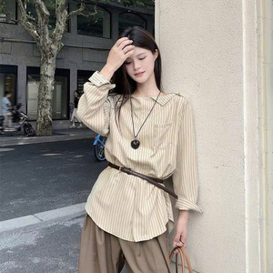 Blusa holgada a rayas de estilo coreano con cinturón para mujer, camisa informal elegante de manga larga con cuello Barco, top de moda - Product Image 6