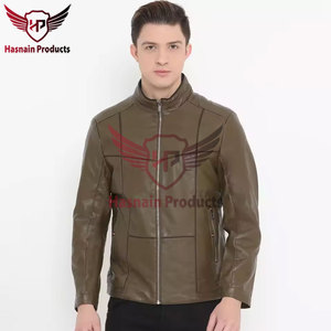 <b>Mens</b> Real <b>Brown</b> <b>Leather</b> <b>Jacket</b> Stand Collar Grid Seam Zip Pockets Sheepskin Olive Biker Coat Custom Casual Winter Outerwear - Product Image 6