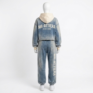 Conjunto de Sudadera Corta Azul con Efecto Ácido y Pantalones Jogger de Pierna Ancha para Mujer, de Algodón y Felpa, Estilo Urbano, Venta al por Mayor OEM - Product Image 3